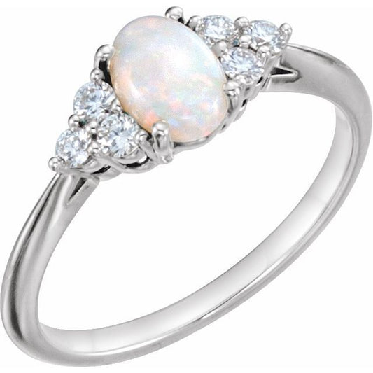 14K White Natural Opal & 1/5 CTW Natural Diamond Ring