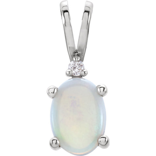 14K White Australian Opal & .01 CT Diamond Pendant with chain