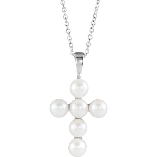 14K White Freshwater Cultured Pearl Cross Necklace