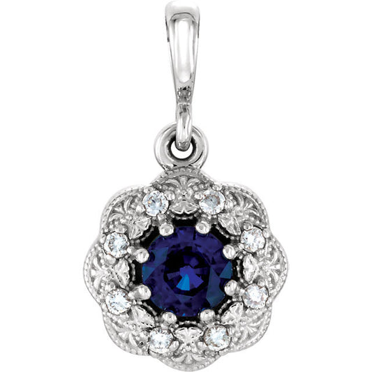 14K White Blue Sapphire & .06CTW Dia Pendant