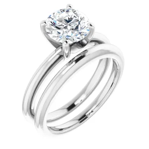 14K White 7.4 mm Round Solitaire Engagement Ring and band set