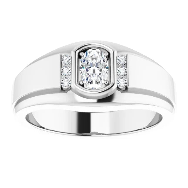 .31 ct Sterling Silver 6x4 mm Oval Diamond Men's Ring. Diamond #527932  Oval  Faceted cut,  F color,  VS1 quality. 6 diamond accents Round Full Cut,  G-H color,  SI2-SI3 clarity * Made to order