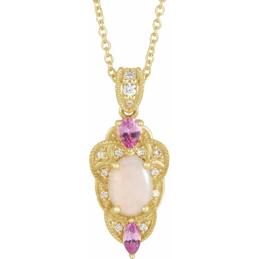 14K Yellow Natural White Opal 7 x5 mm Oval, Natural Pink Sapphire & 1/10 CTW Natural Diamond 16-18" Necklace