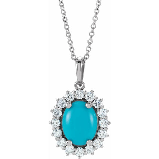 14K White 8 x6 mm Oval Natural Turquoise & 1/3 CTW Natural Diamond Halo-Style 16-18" Necklace