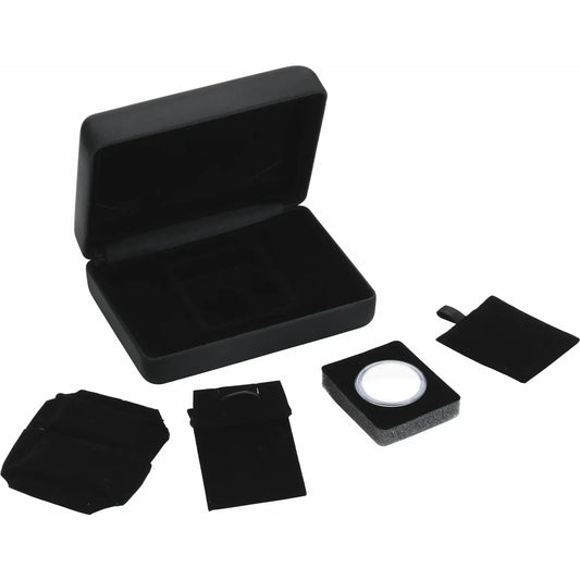 Black Leatherette Stone/Jewelry Box and comes with a clear Acrylic Gem Container with Reversible Insert