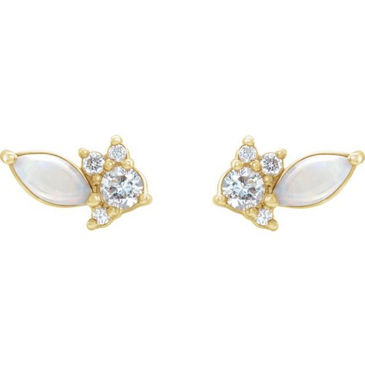 14K Yellow Australian Natural White Opal & 1/6 CTW Natural Diamond Cluster Earrings